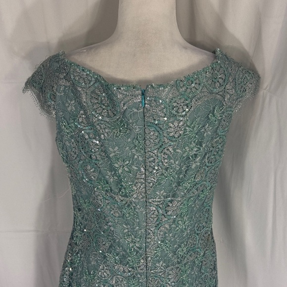 Liancarlo Couture Vintage Teal Silver Lace Overlay Sheath Dress Sz 52 / US 16-18 - Picture 4 of 11